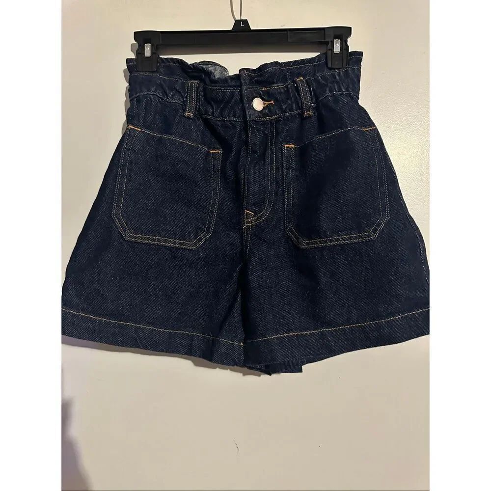 Zara Paperbag Denim Shorts Women US 2 (24 in Waist) Blue Elastic Waist Hi Rise